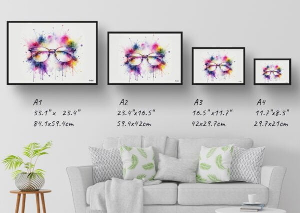 dream watercolour browline glasses metal print size comparison