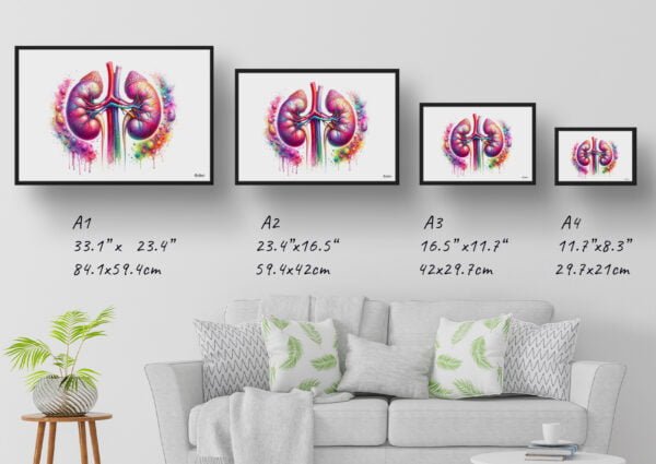 dream watercolour kidneys and adrenal glands print size comparison