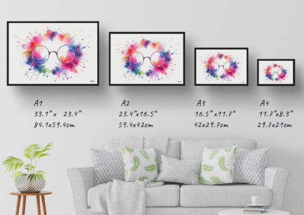 dream watercolour round glasses print size comparison