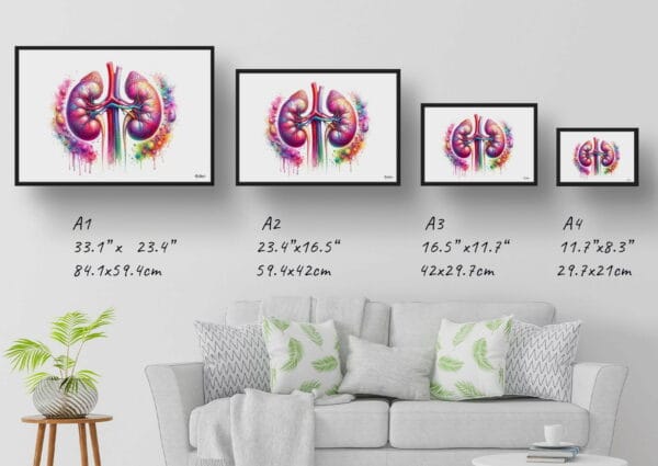 dream watercolour kidneys and adrenal glands print size comparison 1