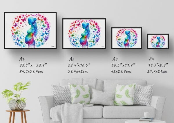 dream watercolour pregnancy print size comparison