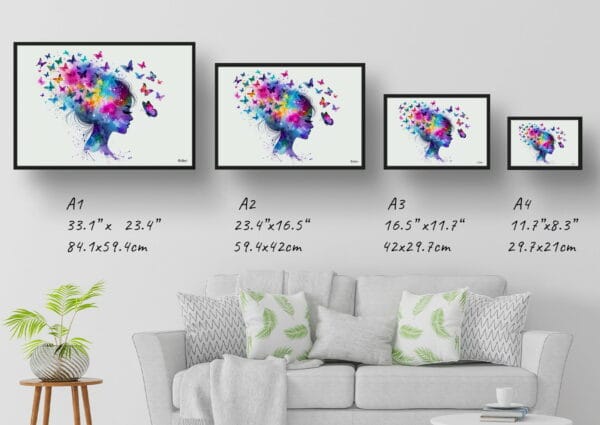 dream watercolour psychology thoughts of a woman print size comparison 1