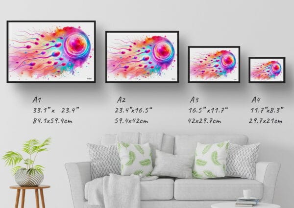 dream watercolour sperm cells print size comparison 1