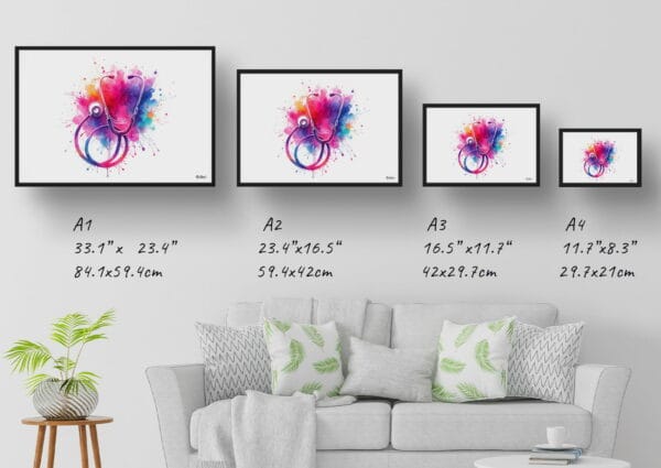 dream watercolour stethoscope print size comparison